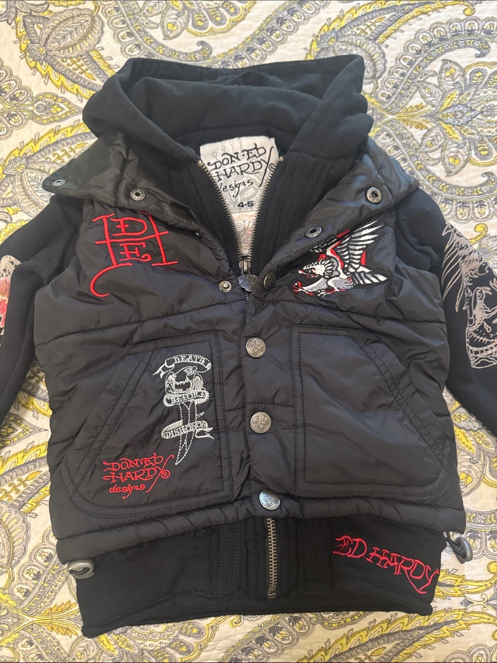 Ed Hardy Black Kids Puffer Jacket with Red & White Embroidery